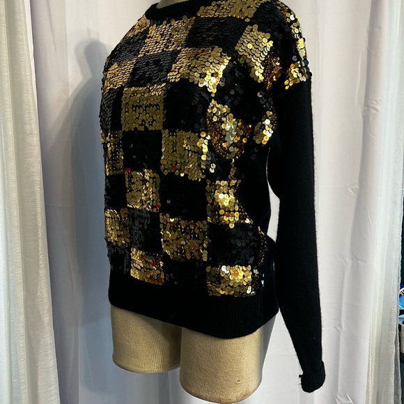 Vintage Eugenia By Angenie Black&Gold Sequin Sweater Lambswool Angora Nylon Med - Picture 7 of 14